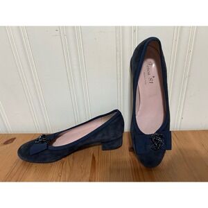 Ferca 81 Navy Blue Suede Bow Bead Designer Heels Made in Italy Sz 39 US 8.5 Lux